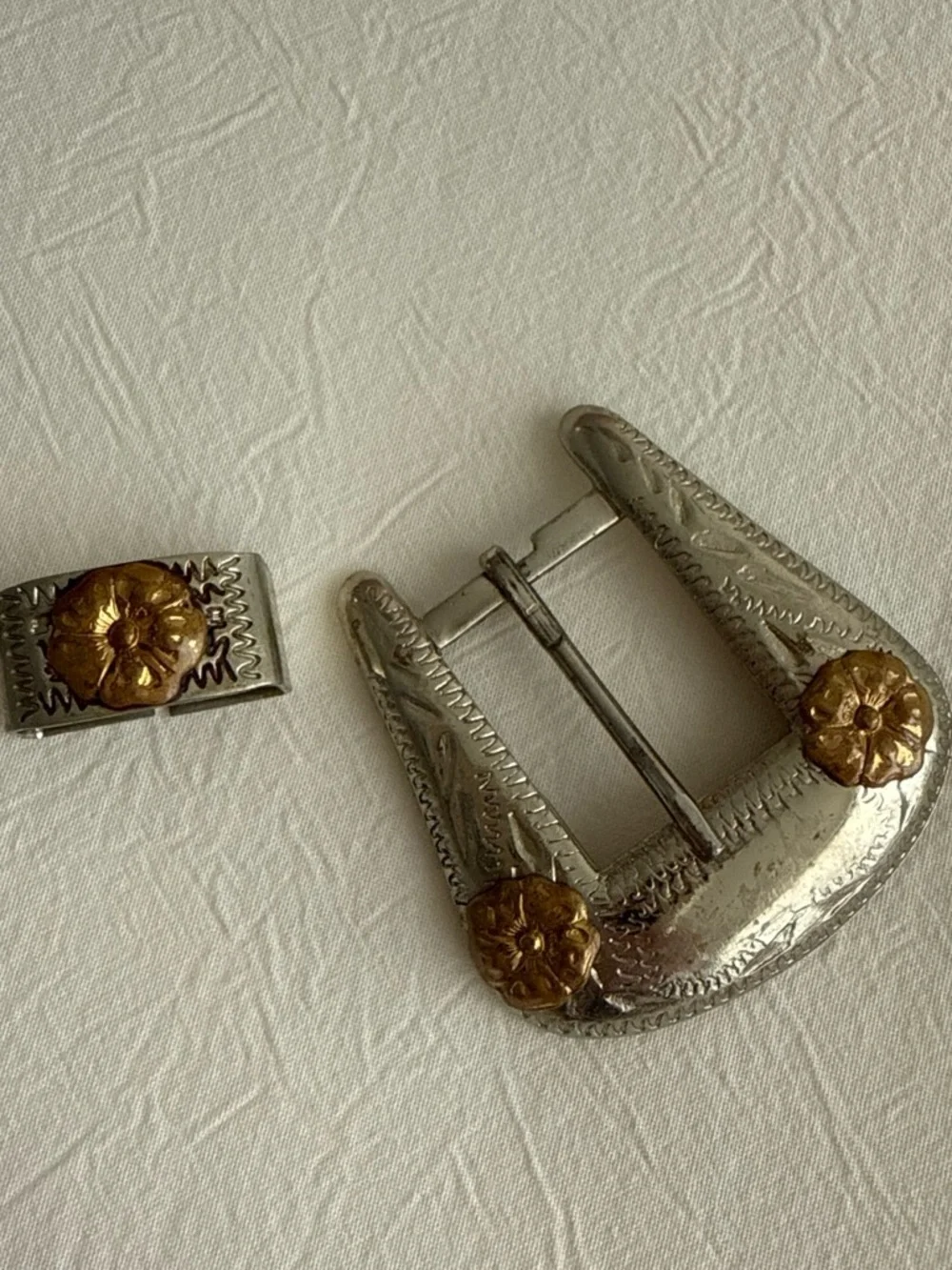 Two-Tone Nickel Silver and Gold Floral Western Belt Buckle Set